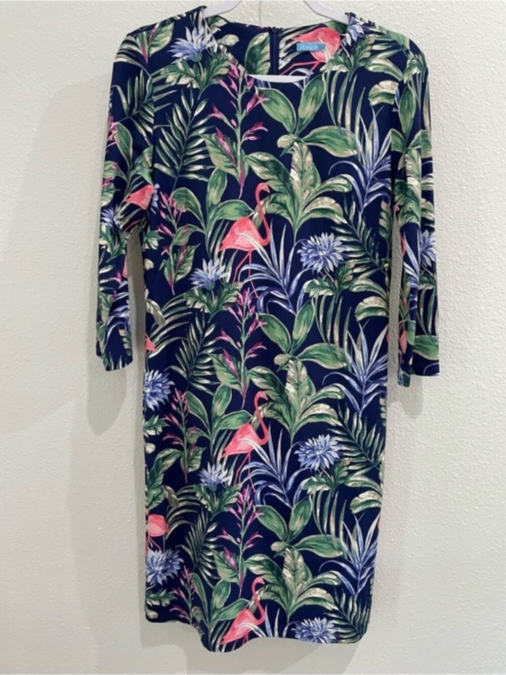 J. McLaughlin Navy Tropical Flamingo Print Long Sleeve Dress